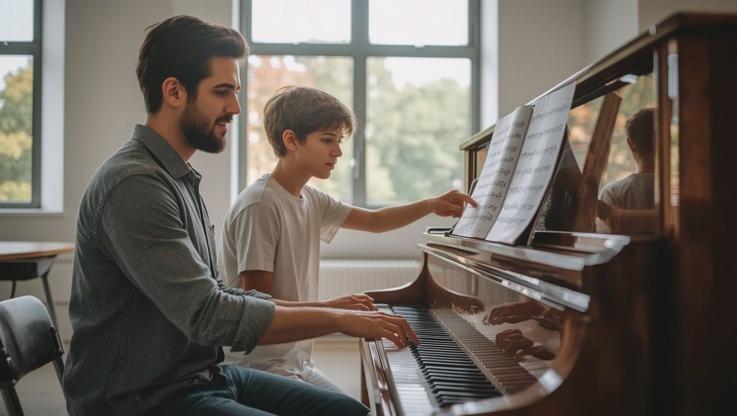 Musiklehrer und Schüler am Klavier