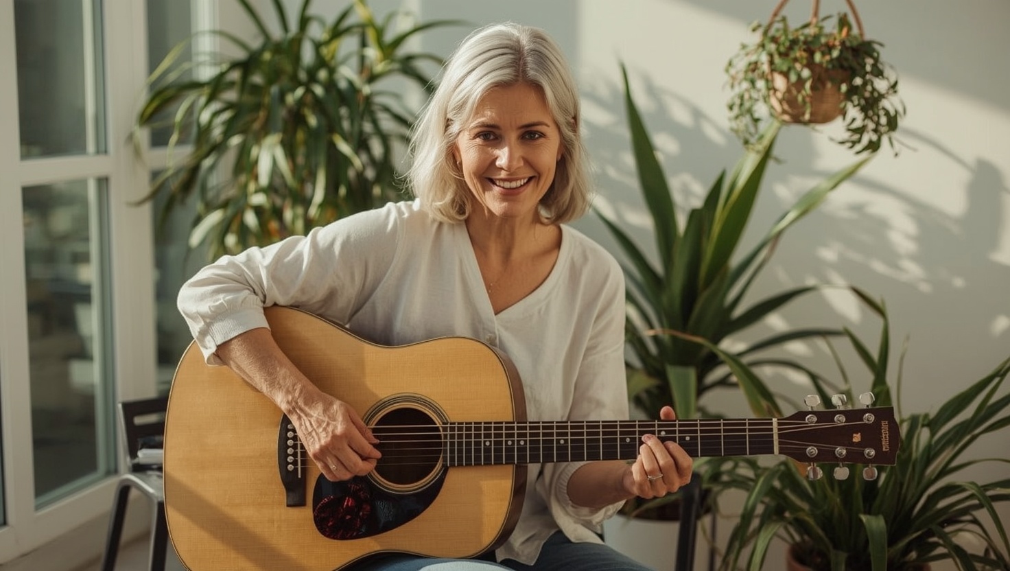 Frau um die fünfzig spielt lächelnd Gitarre