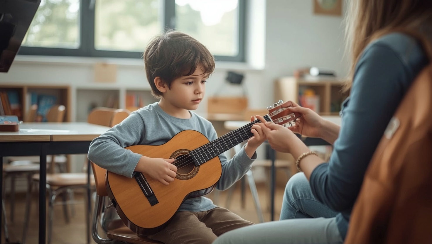 Kind lernt Gitarre, die Lehrerin korrigiert die Griffhand
