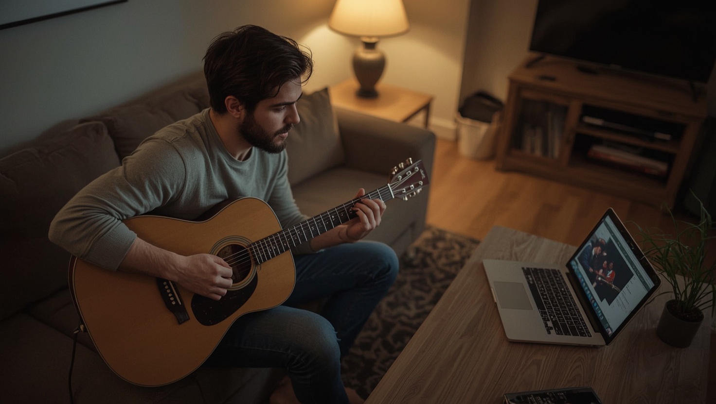 Mann übt zuhause Gitarre mit einem Online-Kurs auf dem Laptop